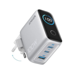 מטען קיר 100W כולל מסך וטכנולוגיית GaN עם 2 חיבורי USB Type-C וחיבור USB Type-A מבית Anker - צבע כסוף